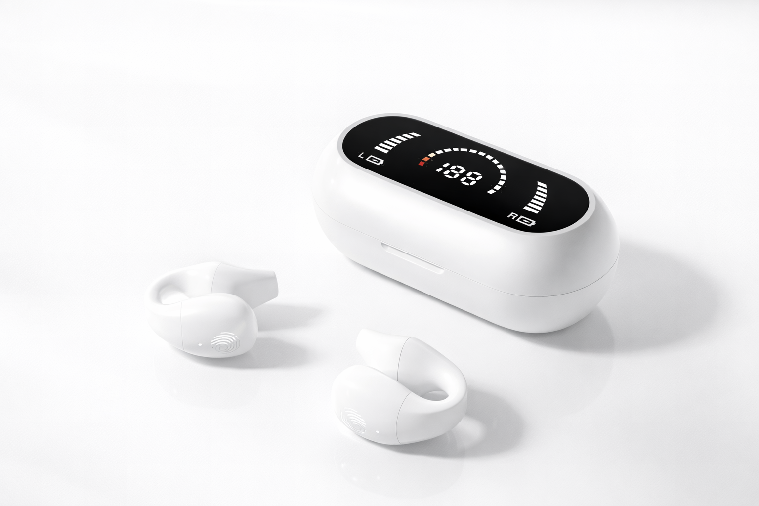 white open-ear wireless earbuds side view