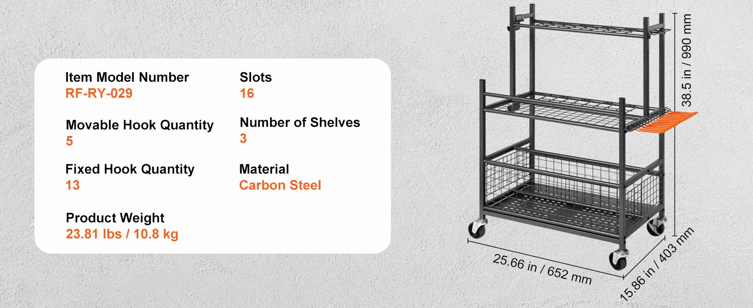 16 Slot Garden Tool Organizer Rack with Wheels – Garage Storage Holder