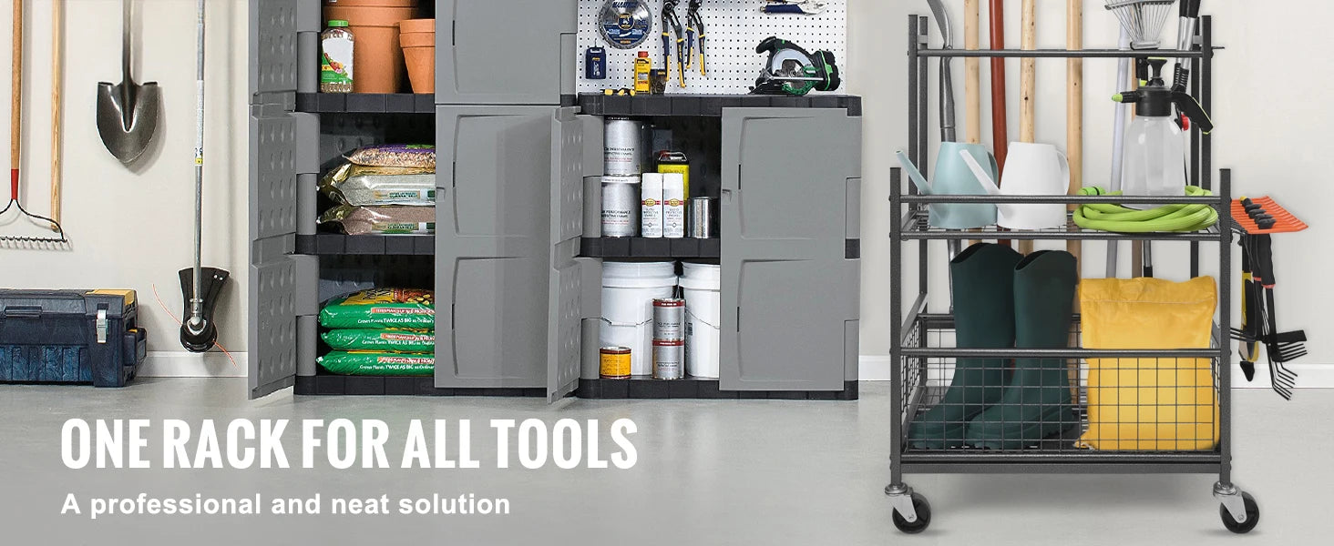 16 Slot Garden Tool Organizer Rack with Wheels – Garage Storage Holder