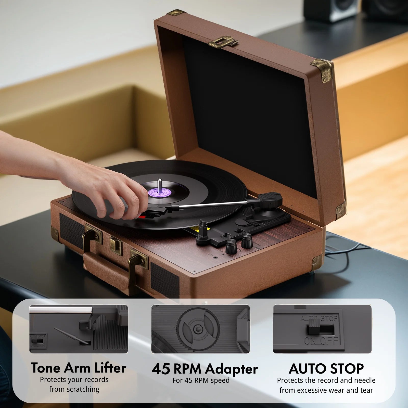 Vintage Bluetooth Turntable Record Player | 3-Speed Vinyl Player with Built-in Speakers