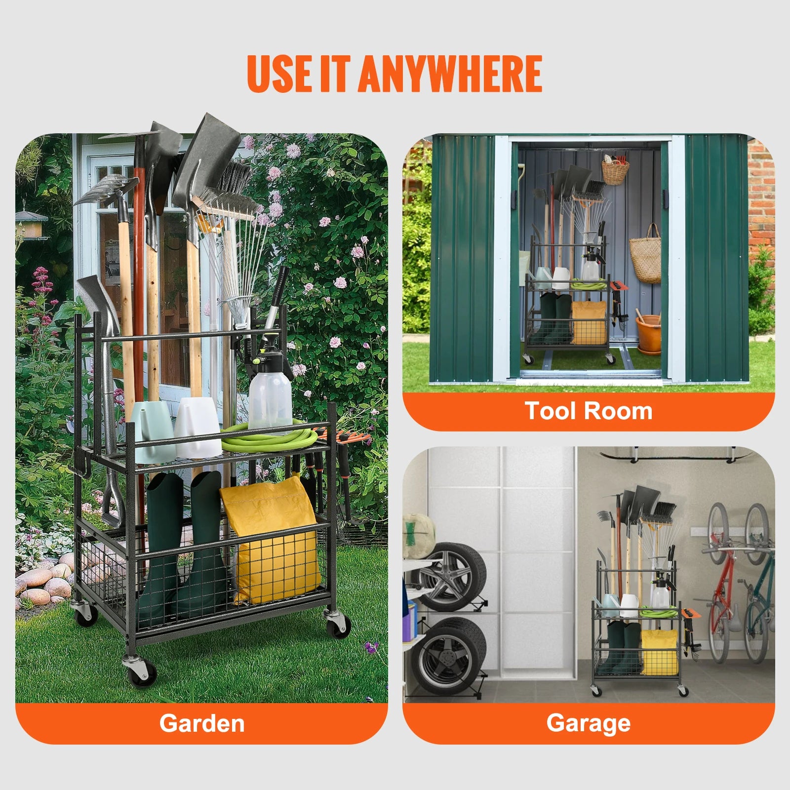 16 Slot Garden Tool Organizer Rack with Wheels – Garage Storage Holder