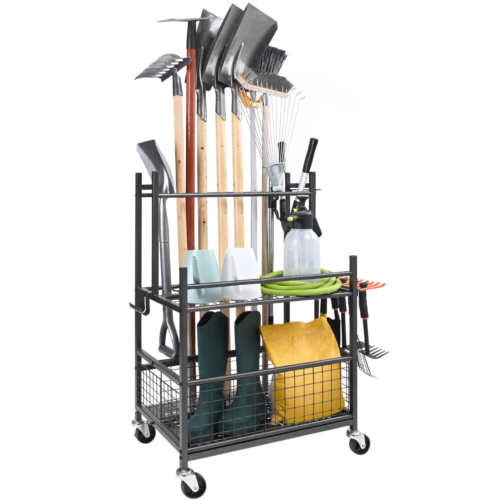 16 Slot Garden Tool Organizer Rack with Wheels – Garage Storage Holder