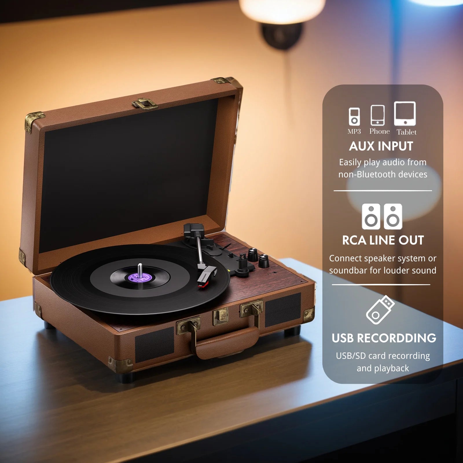 Vintage Bluetooth Turntable Record Player | 3-Speed Vinyl Player with Built-in Speakers