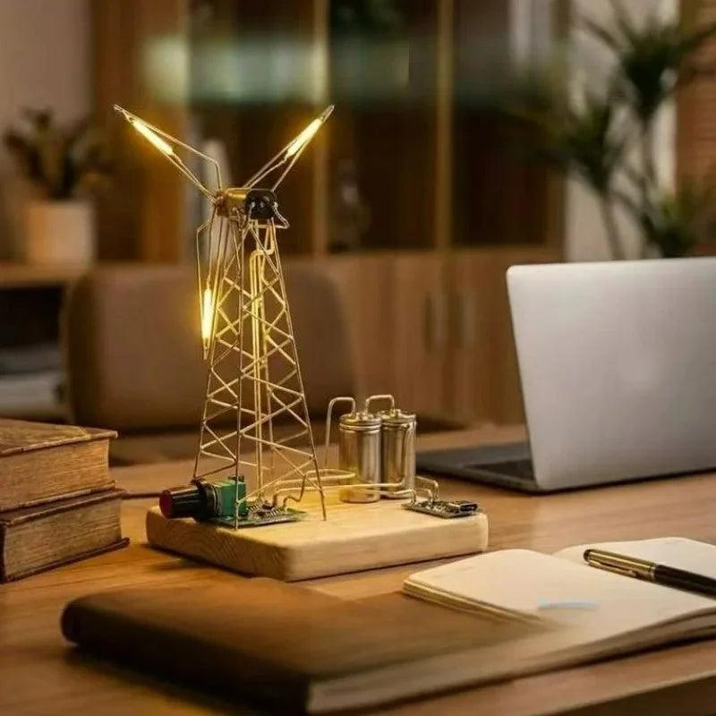 Mechanical Windmill Night Light – Rotating Wooden Desk Lamp Decor