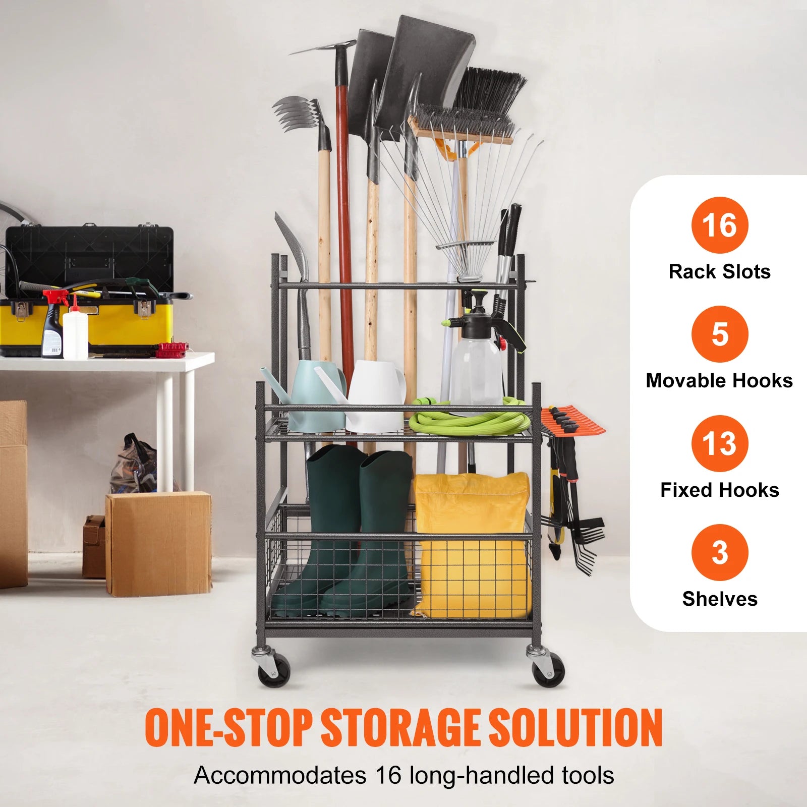 16 Slot Garden Tool Organizer Rack with Wheels – Garage Storage Holder