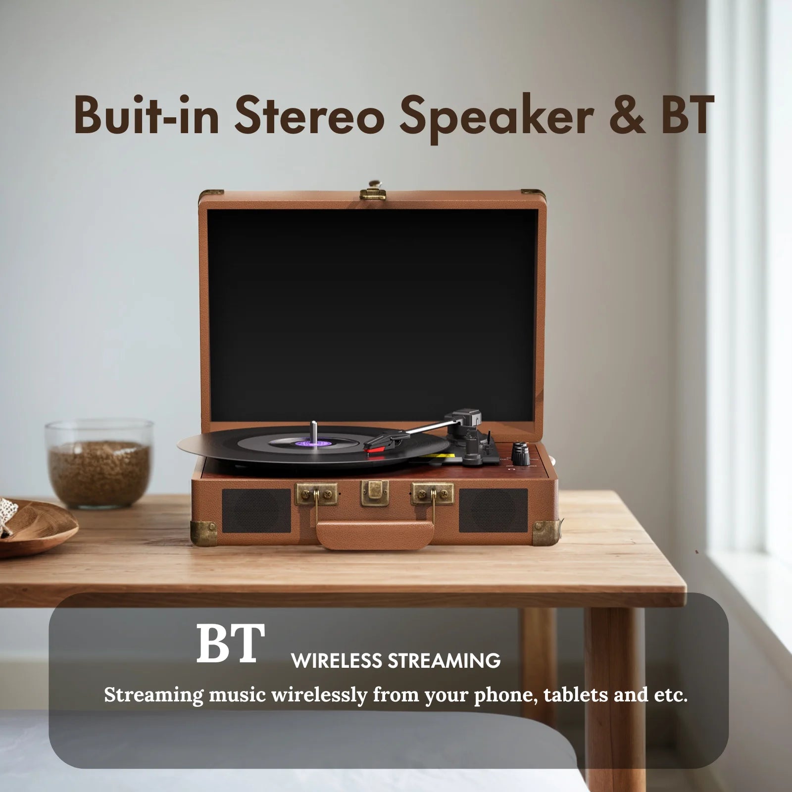 Vintage Bluetooth Turntable Record Player | 3-Speed Vinyl Player with Built-in Speakers