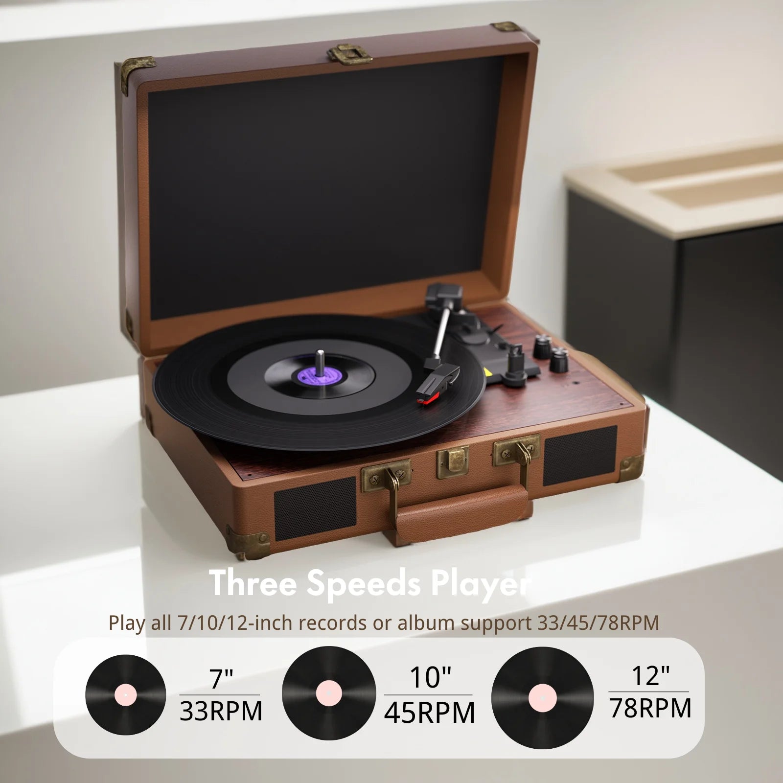 Vintage Bluetooth Turntable Record Player | 3-Speed Vinyl Player with Built-in Speakers