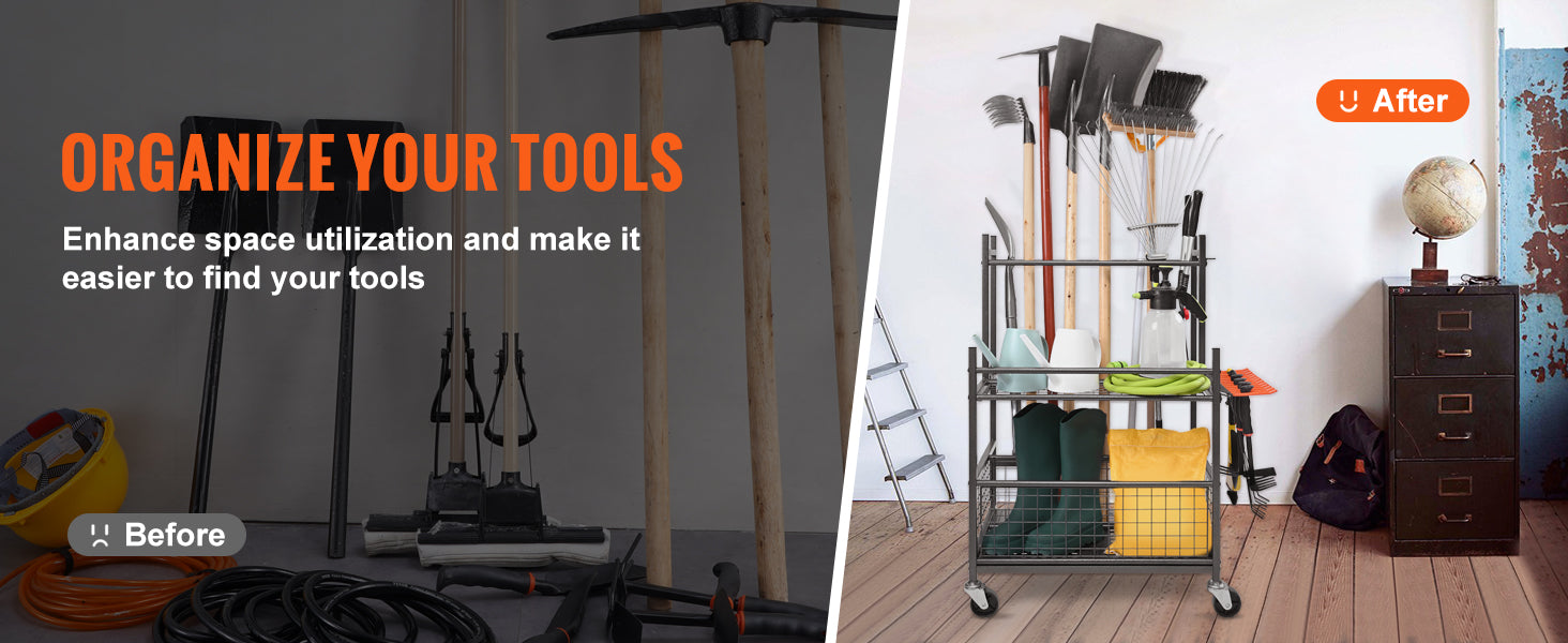 16 Slot Garden Tool Organizer Rack with Wheels – Garage Storage Holder
